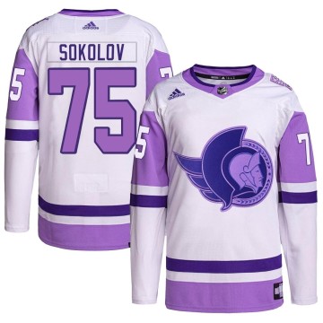 Authentic Adidas Men's Egor Sokolov Ottawa Senators Hockey Fights Cancer Primegreen Jersey - White/Purple