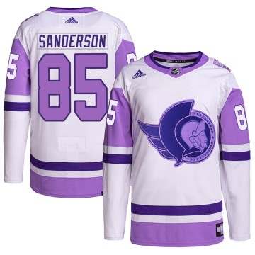Authentic Adidas Men's Jake Sanderson Ottawa Senators Hockey Fights Cancer Primegreen Jersey - White/Purple