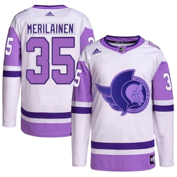 Authentic Adidas Men's Leevi Merilainen Ottawa Senators Hockey Fights Cancer Primegreen Jersey - White/Purple