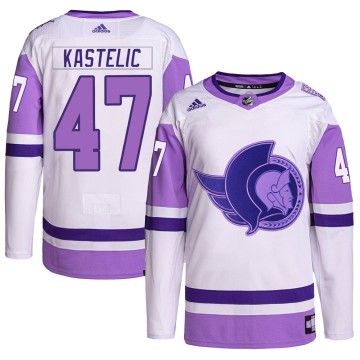 Authentic Adidas Men's Mark Kastelic Ottawa Senators Hockey Fights Cancer Primegreen Jersey - White/Purple