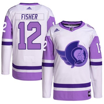 Authentic Adidas Men's Mike Fisher Ottawa Senators Hockey Fights Cancer Primegreen Jersey - White/Purple