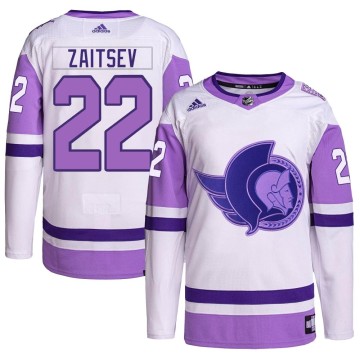 Authentic Adidas Men's Nikita Zaitsev Ottawa Senators Hockey Fights Cancer Primegreen Jersey - White/Purple