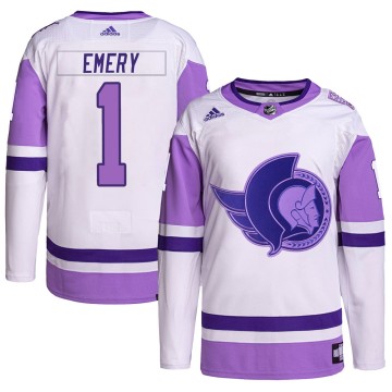 Authentic Adidas Men's Ray Emery Ottawa Senators Hockey Fights Cancer Primegreen Jersey - White/Purple