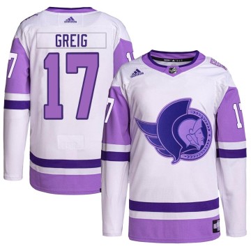 Authentic Adidas Men's Ridly Greig Ottawa Senators Hockey Fights Cancer Primegreen Jersey - White/Purple