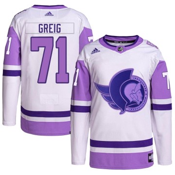 Authentic Adidas Men's Ridly Greig Ottawa Senators Hockey Fights Cancer Primegreen Jersey - White/Purple