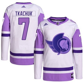 Authentic Adidas Youth Brady Tkachuk Ottawa Senators Hockey Fights Cancer Primegreen Jersey - White/Purple