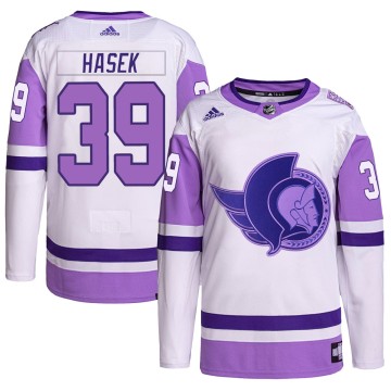 Authentic Adidas Youth Dominik Hasek Ottawa Senators Hockey Fights Cancer Primegreen Jersey - White/Purple