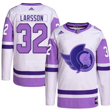Authentic Adidas Youth Jacob Larsson Ottawa Senators Hockey Fights Cancer Primegreen Jersey - White/Purple