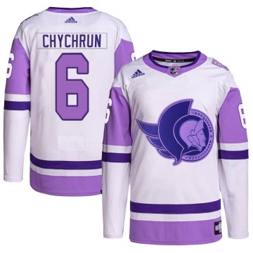 Authentic Adidas Youth Jakob Chychrun Ottawa Senators Hockey Fights Cancer Primegreen Jersey - White/Purple