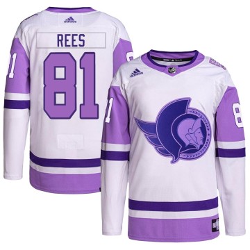 Authentic Adidas Youth Jamieson Rees Ottawa Senators Hockey Fights Cancer Primegreen Jersey - White/Purple