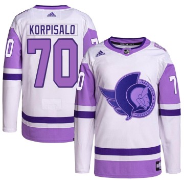 Authentic Adidas Youth Joonas Korpisalo Ottawa Senators Hockey Fights Cancer Primegreen Jersey - White/Purple