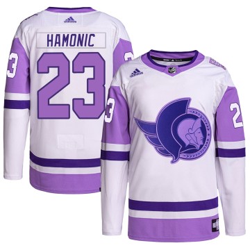 Authentic Adidas Youth Travis Hamonic Ottawa Senators Hockey Fights Cancer Primegreen Jersey - White/Purple