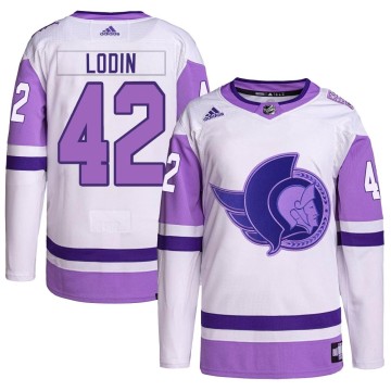 Authentic Adidas Youth Viktor Lodin Ottawa Senators Hockey Fights Cancer Primegreen Jersey - White/Purple